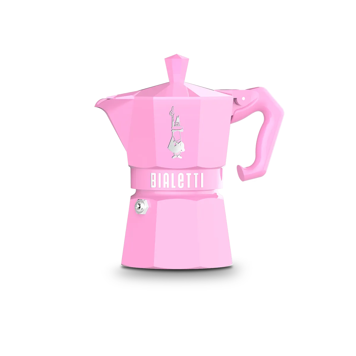 Bialetti Moka Exclusive, pastel pink 3 cup espresso maker, with a vintage-inspired diamond-shaped knob and ergonomic handle.