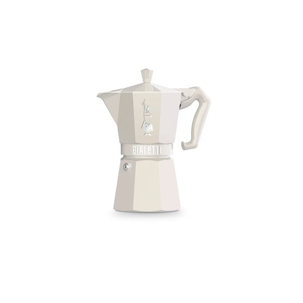 Bialetti Moka Exclusive, a 6-cup stovetop espresso maker with a pastel cream color and vintage-inspired design.