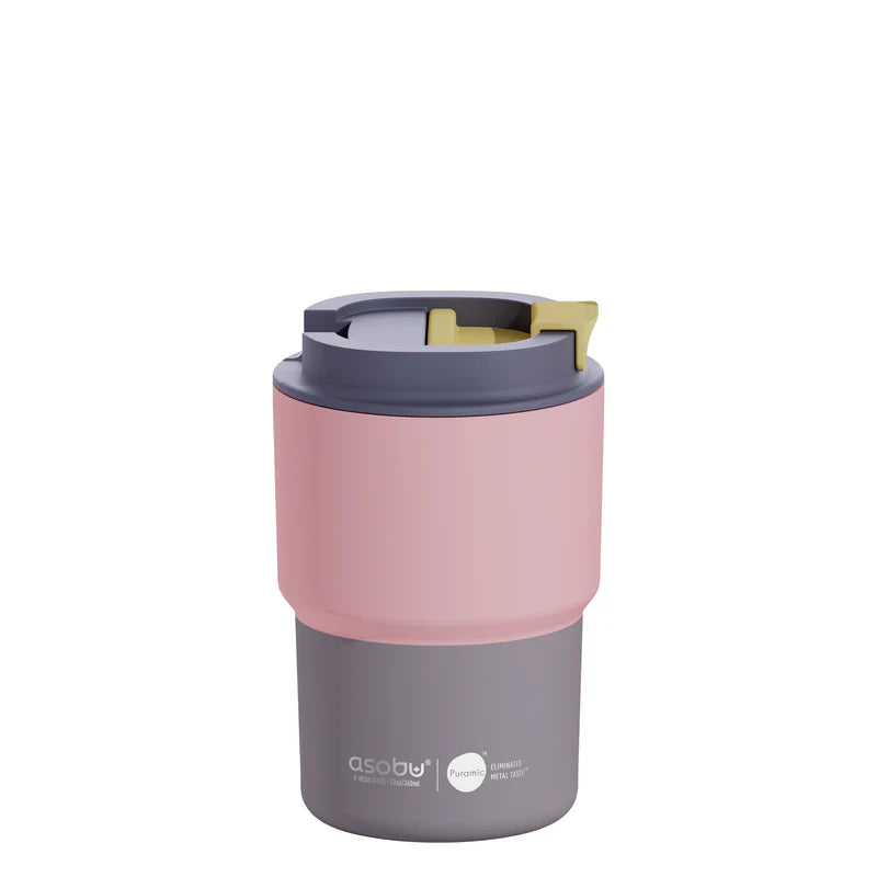 Pink and gray thermos bottle on a white background