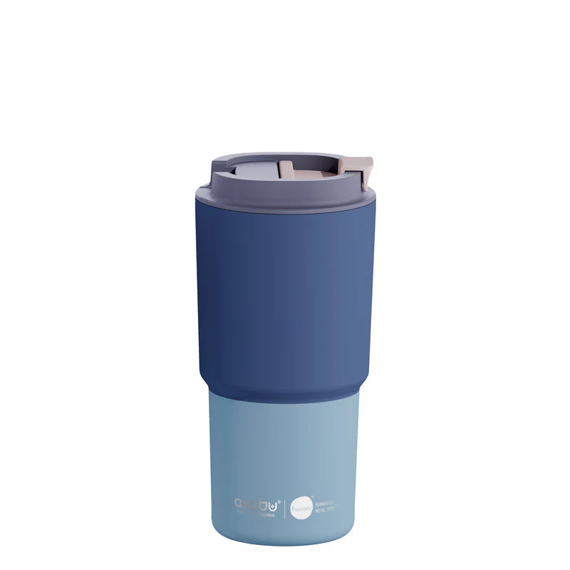 Blue insulated mug with a lid on a white background