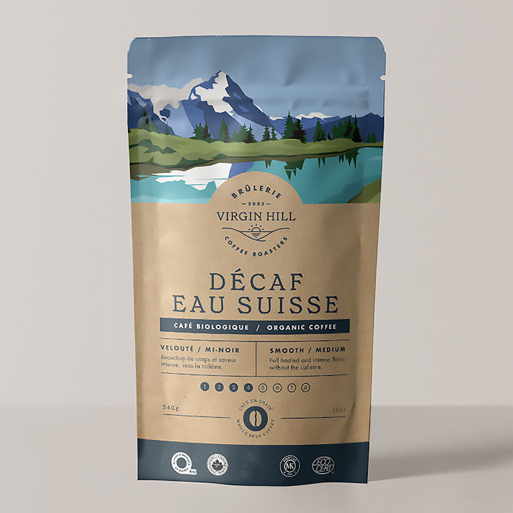 a bag of organic swiss water coffee