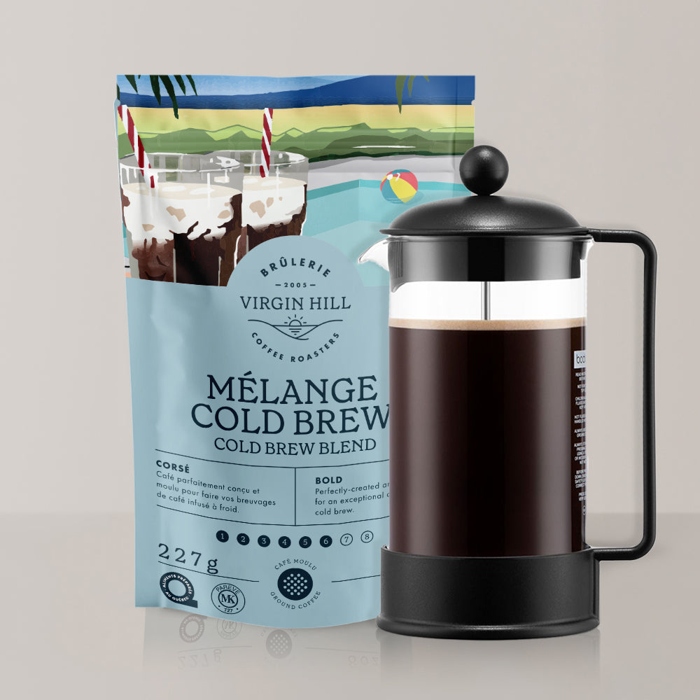 Cold brew coffee package and French press on a light gray background