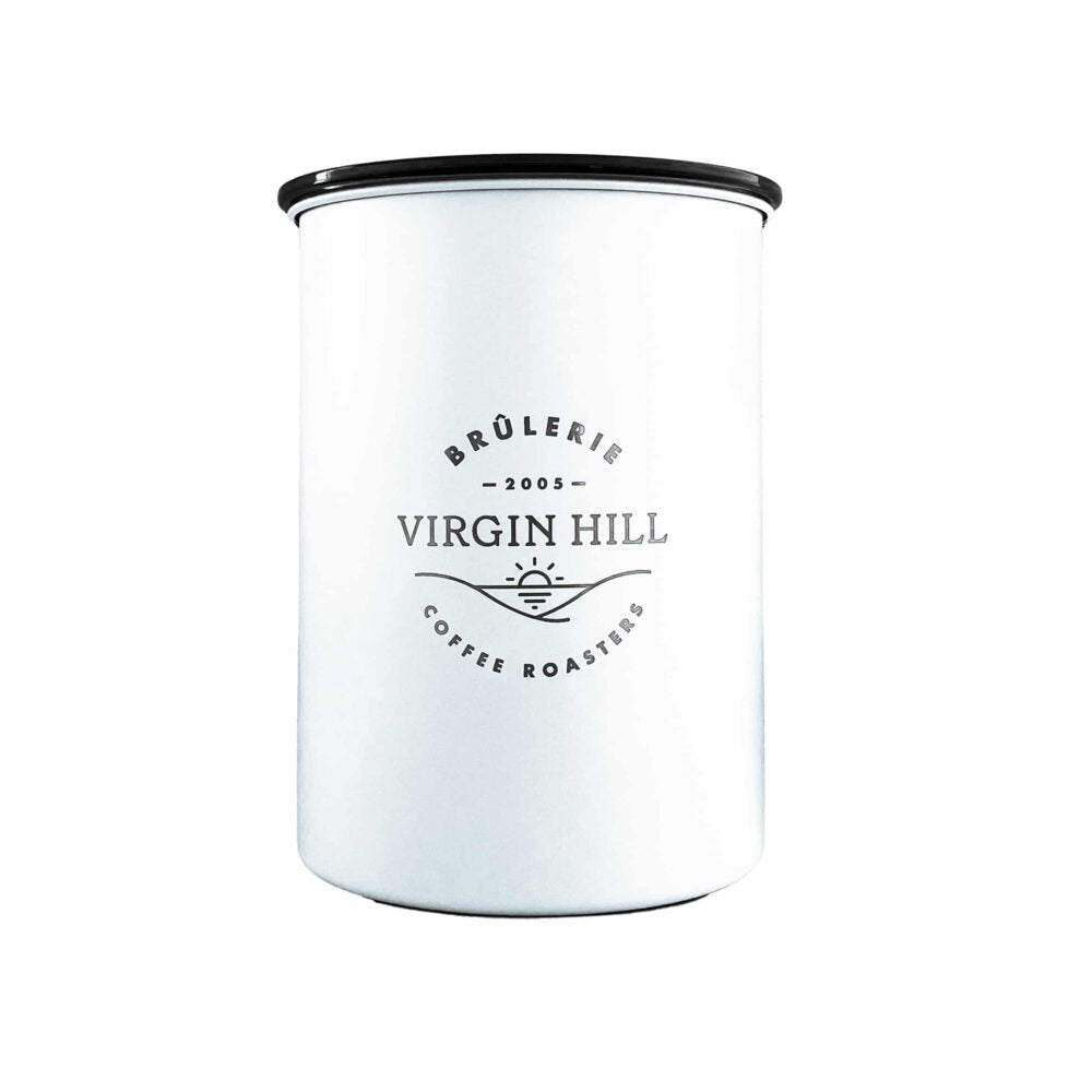 Airscape 500g matte white coffee caniser with Virgin Hill logo