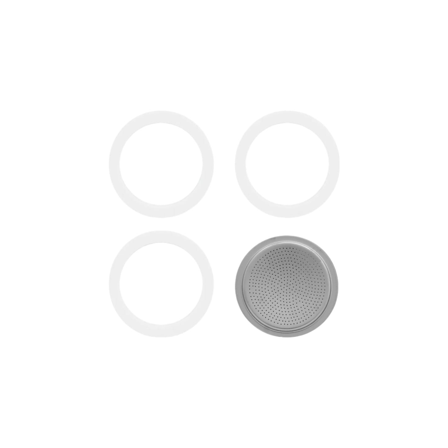 Set of three white circular filters and a gray filter on a white background