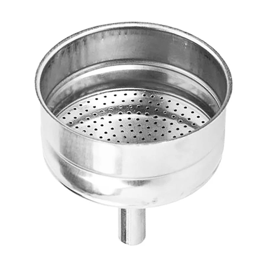 Stainless steel funnel with perforated base on a white background