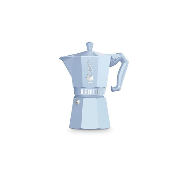 A pastel blue Bialetti Moka Exclusive 6-cup stovetop espresso maker, with a vintage-inspired diamond-shaped knob and ergonomic handle.