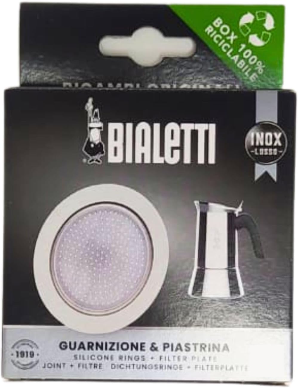 Bialetti coffee maker parts packaging with silicone rings and filter plate on a black background