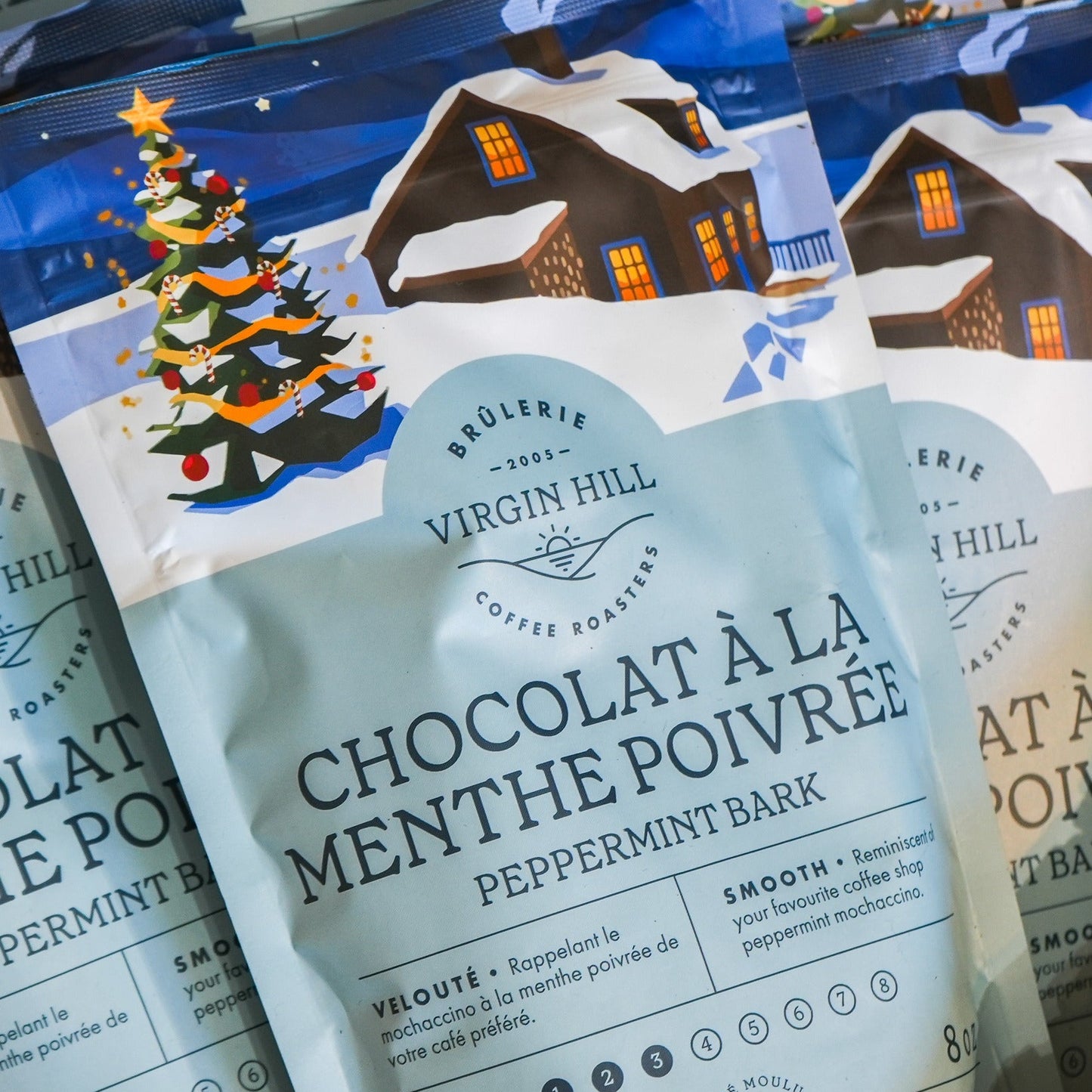 Packaging of Virgin Hill peppermint bark with Christmas-themed design