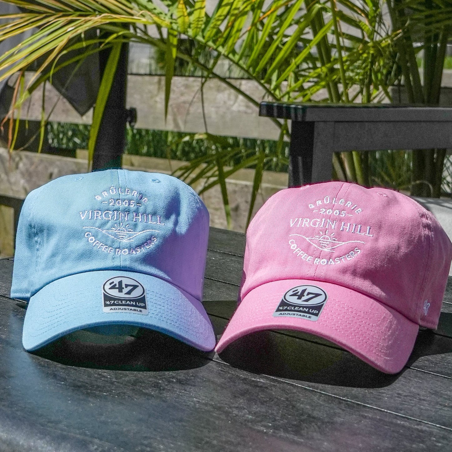 Two baseball caps, one blue and one pink, on a wooden surface with a blurred green outdoor background.