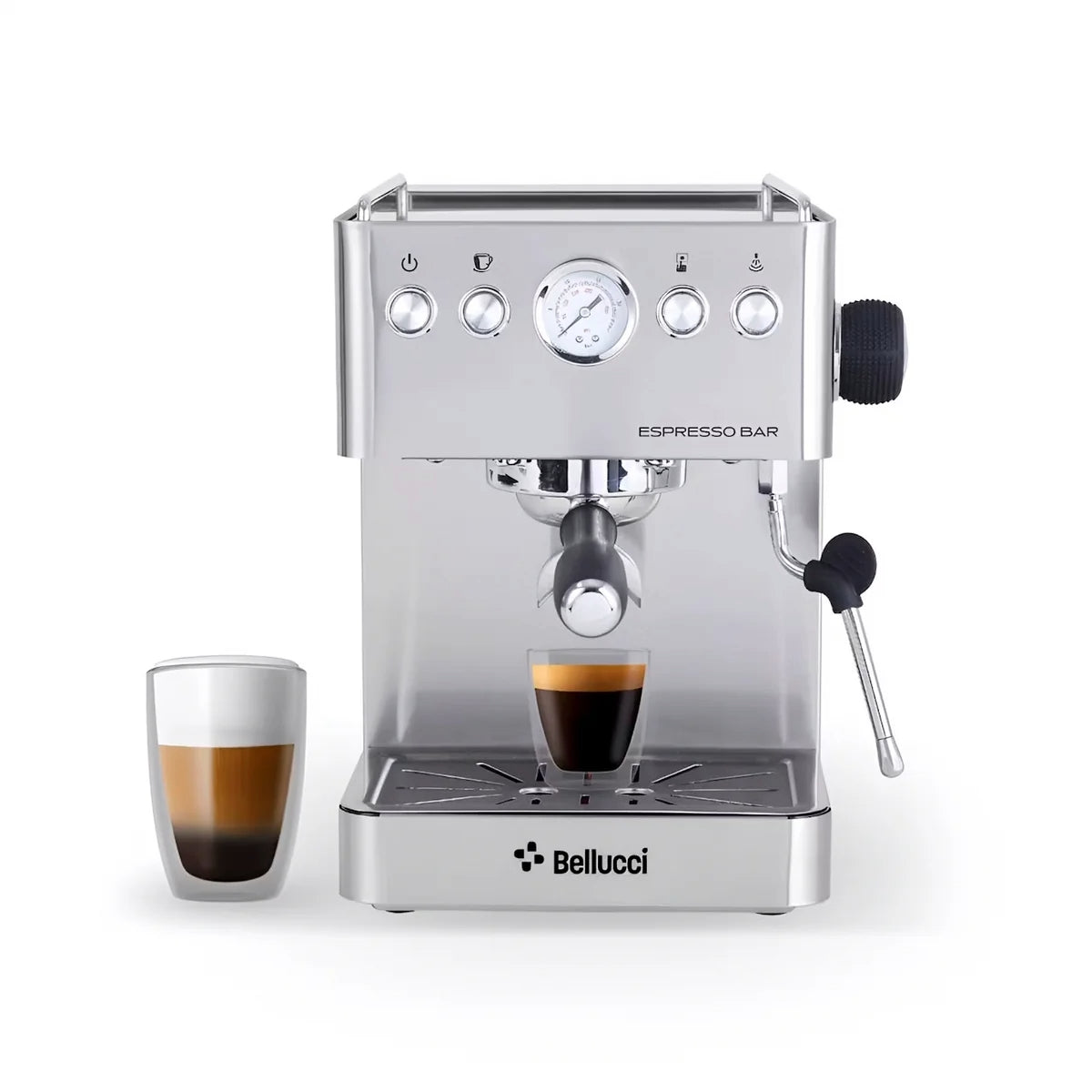 Silver espresso machine with a glass of espresso on a white background, featuring the Bellucci brand.
