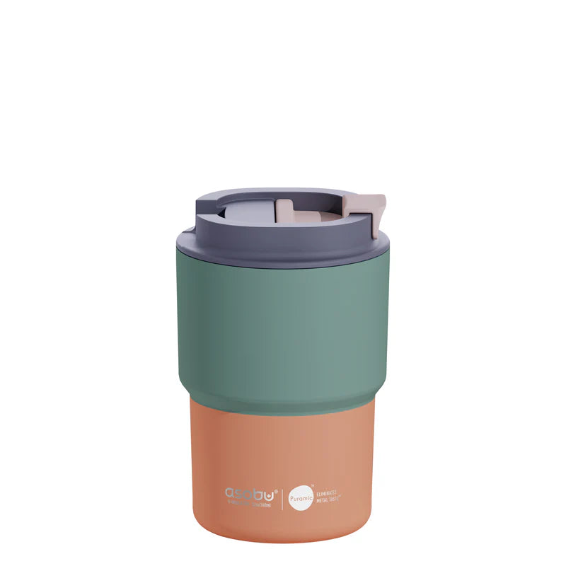 Two-toned thermos with purple top and terracotta bottom on a white background