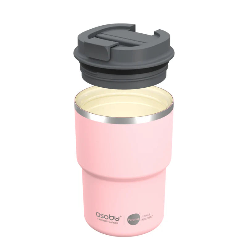 Pink insulated travel mug with gray lid on a white background