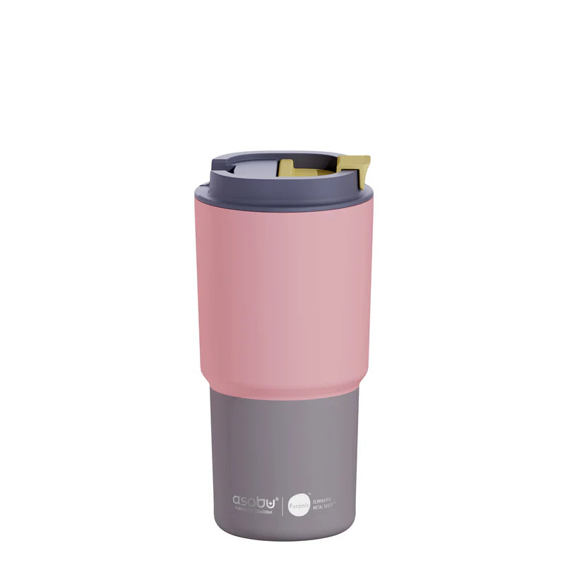 Pink and gray travel mug with a brand logo on a white background