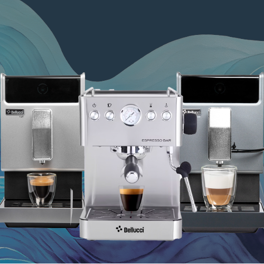 Three coffee machines on a blue and gray abstract background