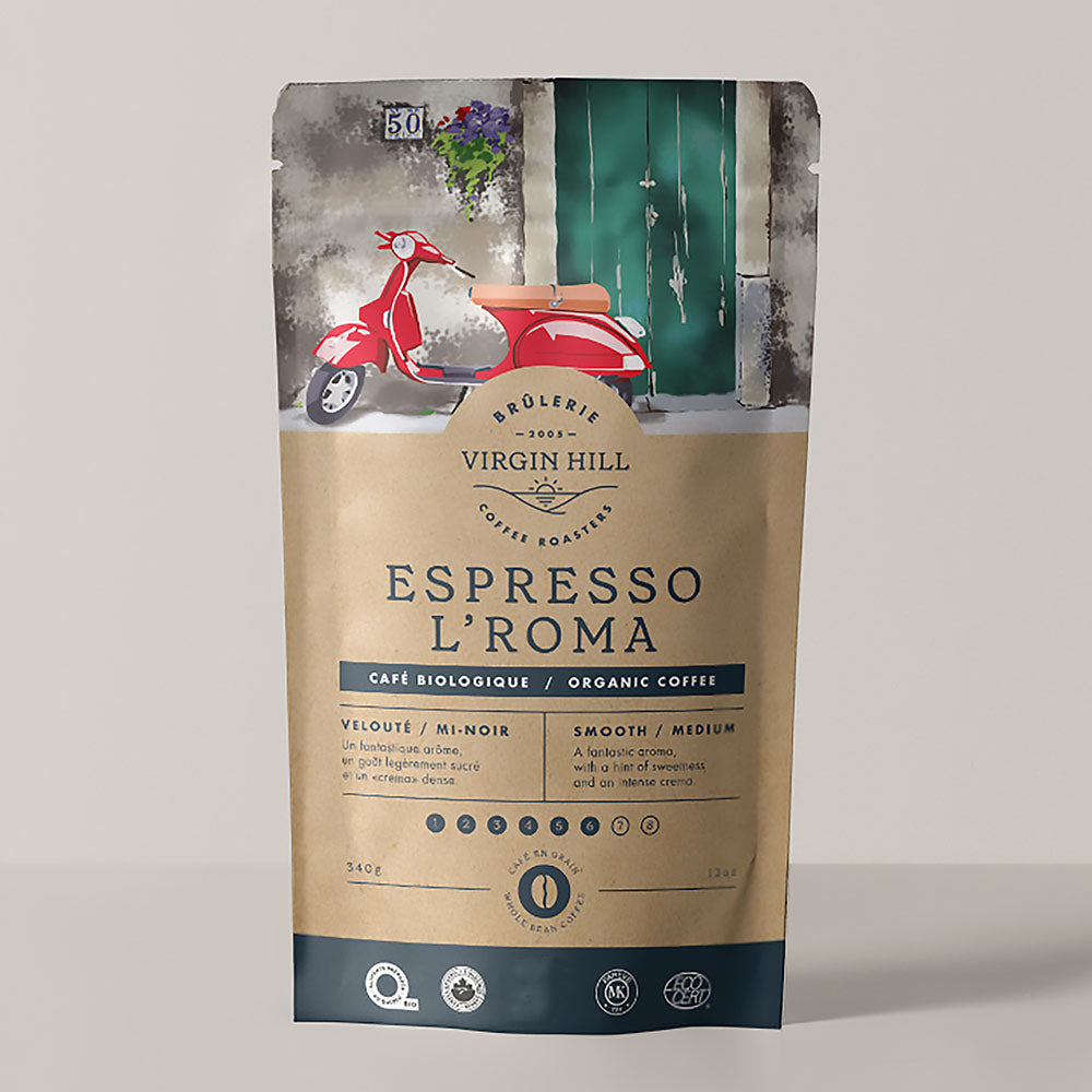 Bag of organic espresso l'roma coffee