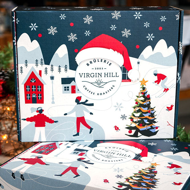 Christmas-themed product packaging with festive illustrations and text.