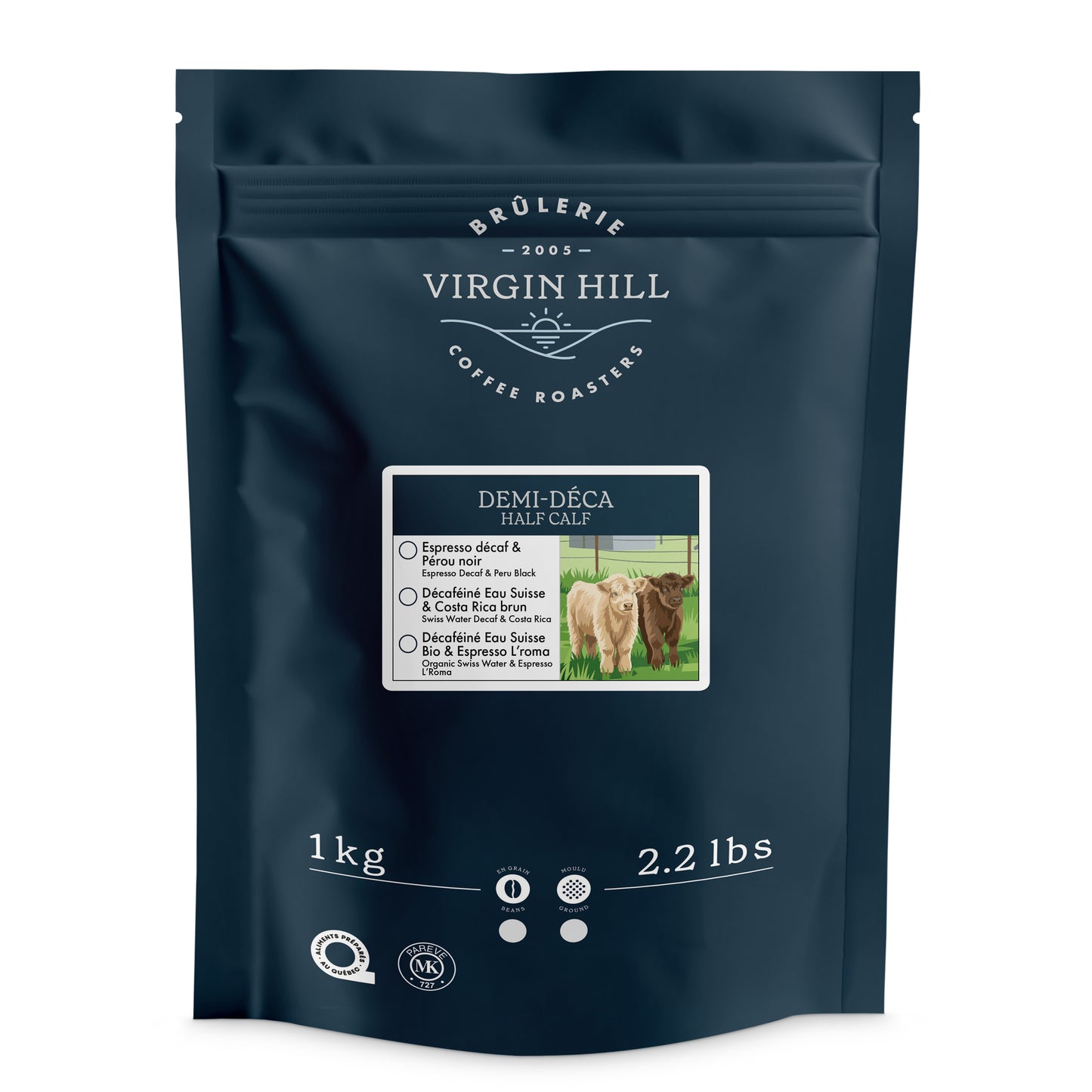 A 1 kg (2.2 lbs) bag of Virgin Hill Coffee Roasters Demi-Déca Half Calm espresso roast coffee in a dark navy blue resealable stand-up pouch with a white label.