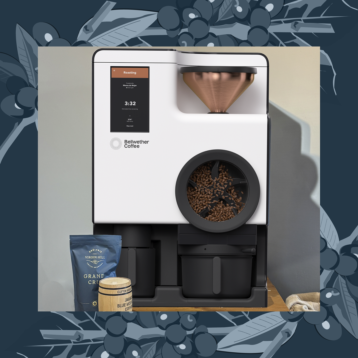 Coffee roasting machine with coffee beans and packaging on a decorative background