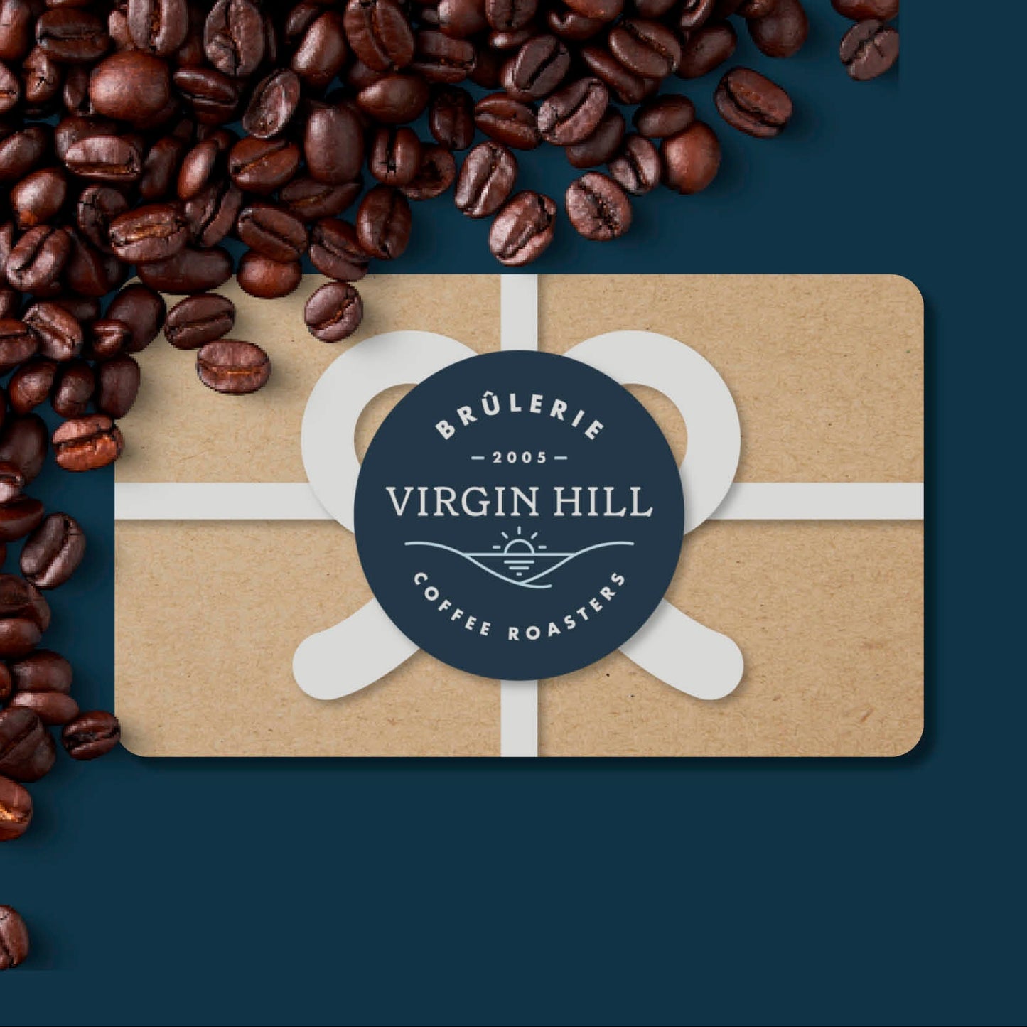 Virgin Hill coffee gift card with coffee beans on a dark blue background