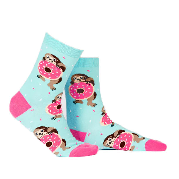 Blue and pink socks with sloths on them 