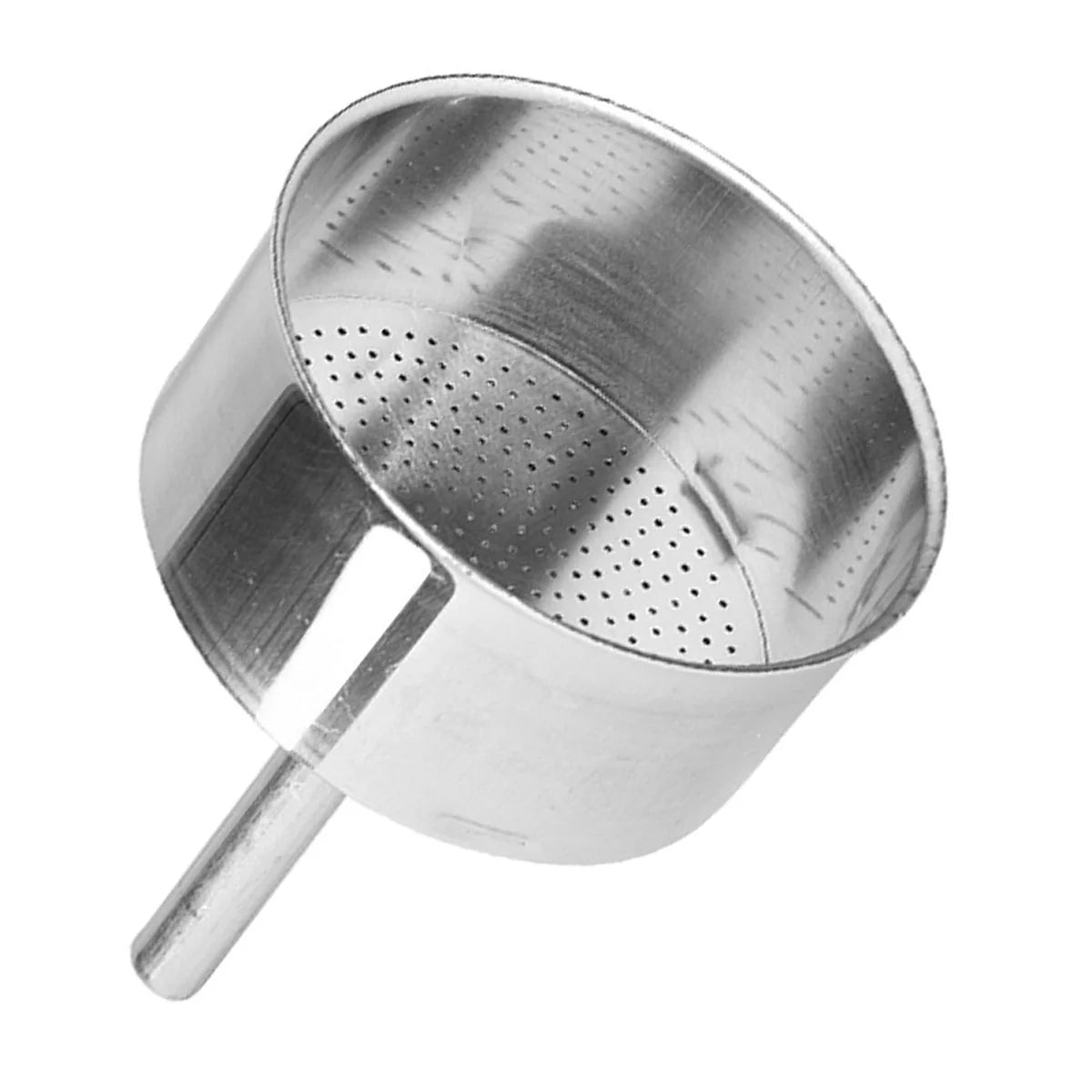 Metallic strainer with handle on a white background