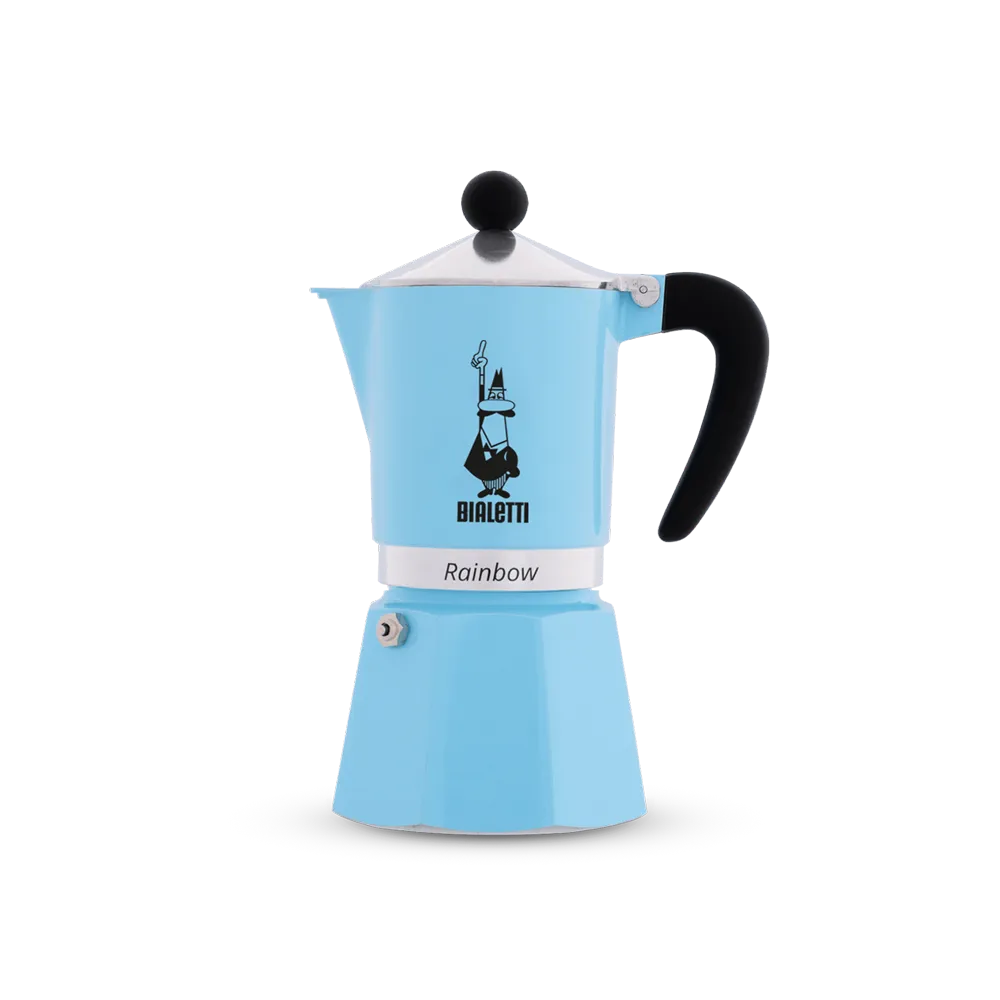 Bialetti Rainbow 3 Cup stovetop espresso pot in light blue with a black handle and the Bialetti logo on the side.
