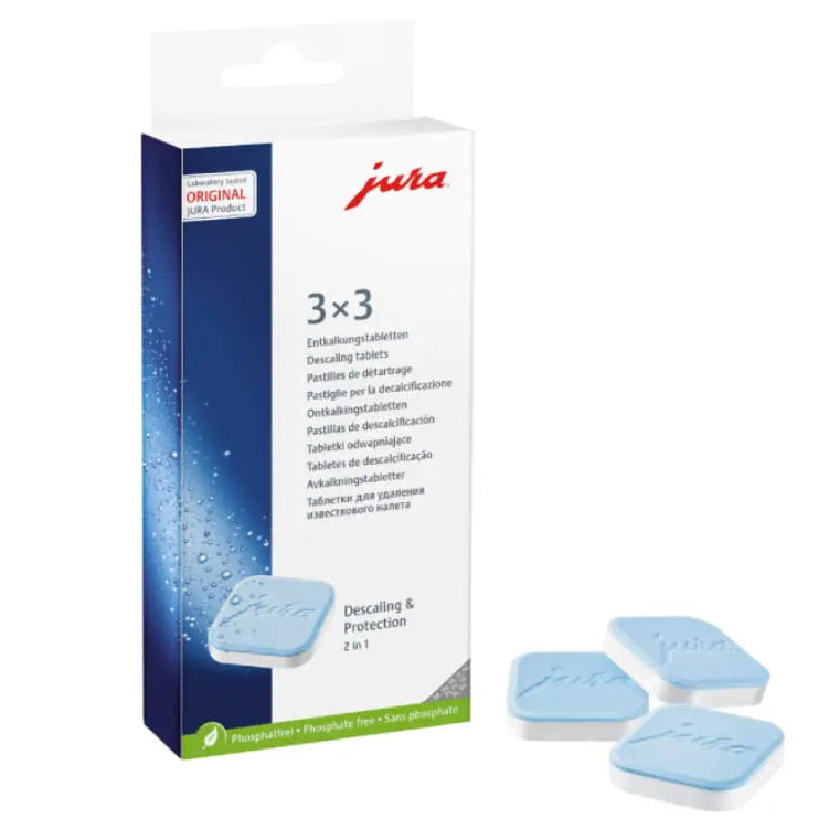 Jura coffee machine cleaning tablets with packaging on a white background