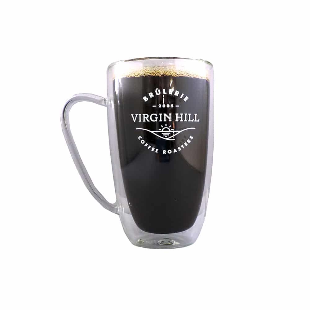 Double walled 12oz glass with Virgin Hill logo