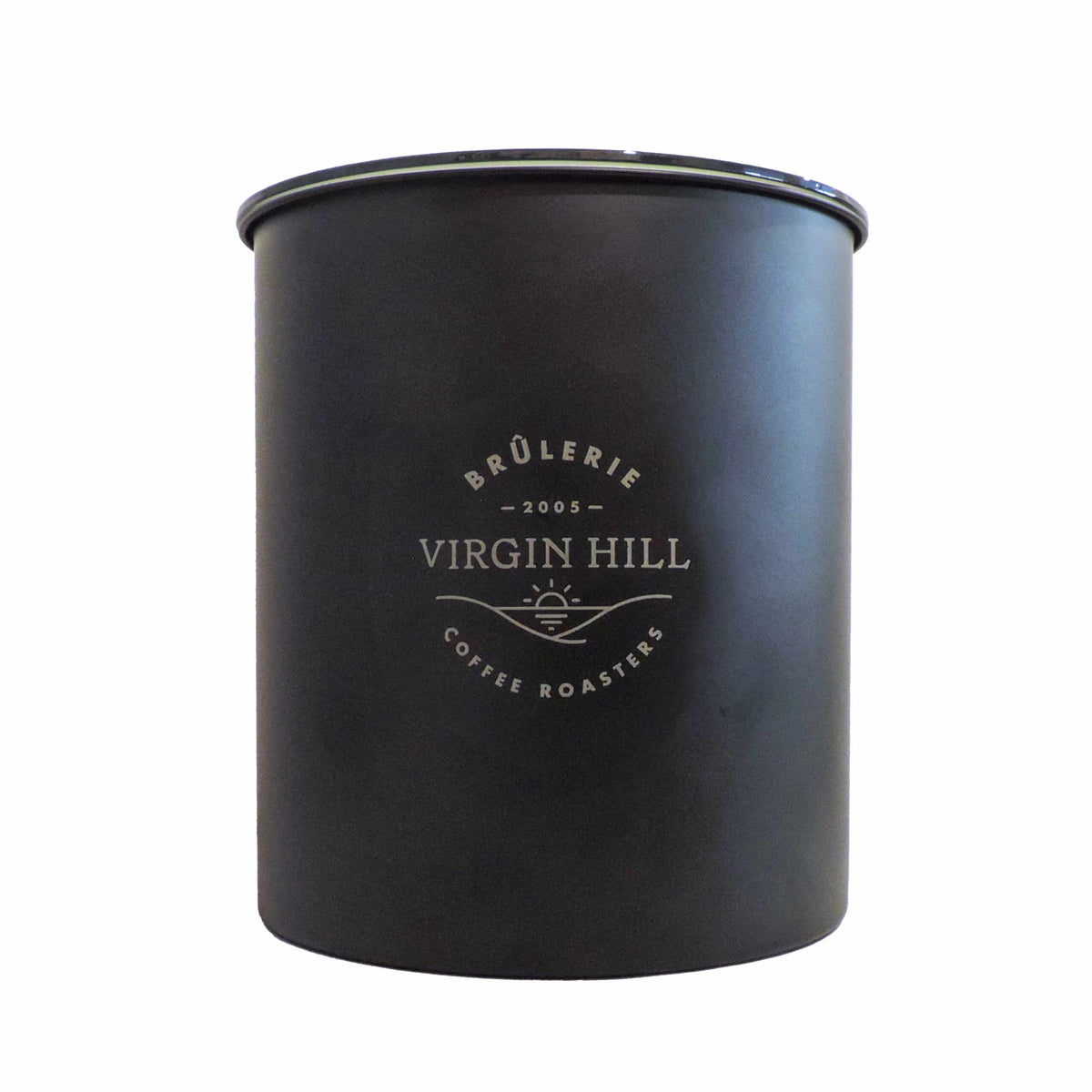 Airscape Kilo coffee canister Matte Black with Virgin Hill logo