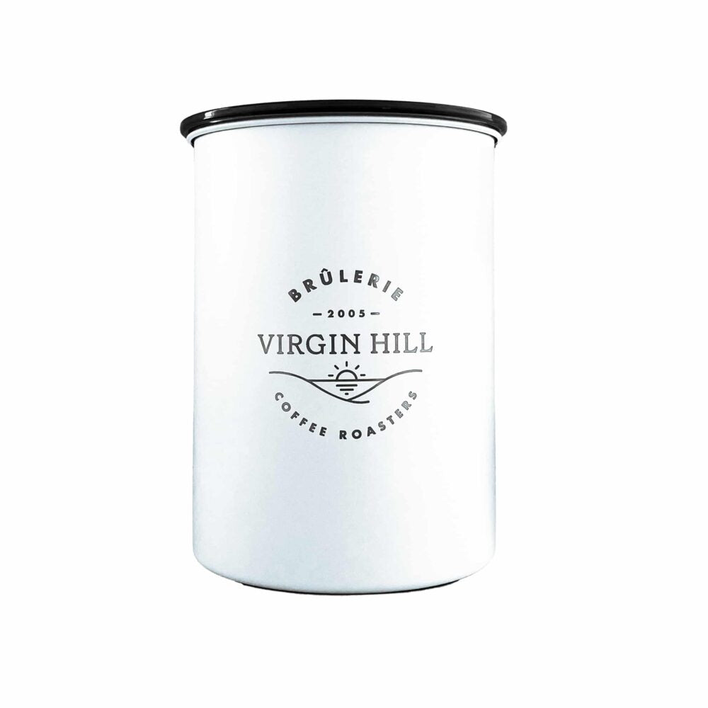Airscape 500g matte white coffee caniser with Virgin Hill logo